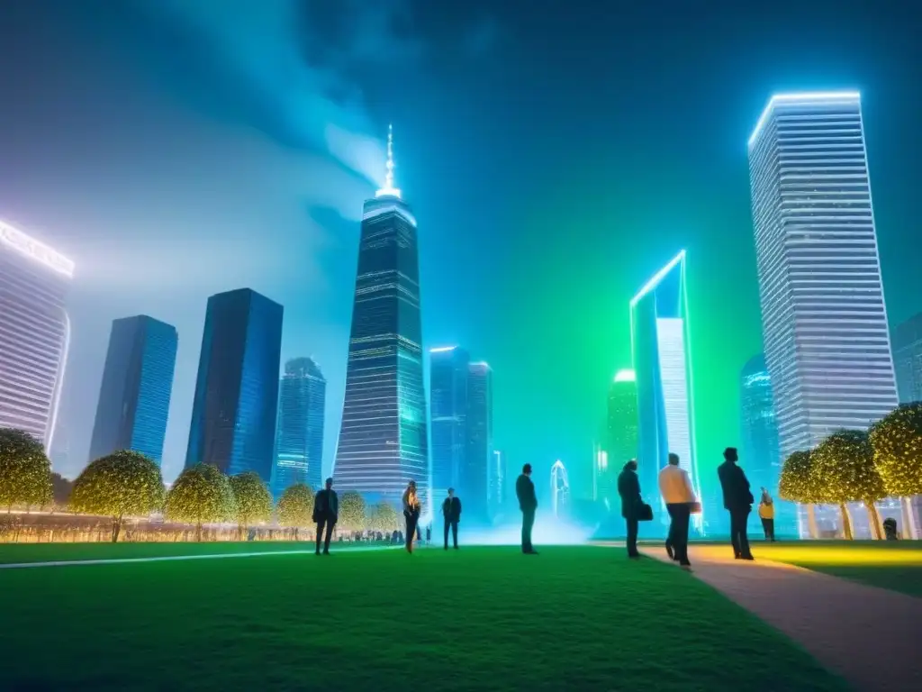 Metrópolis futurista: innovación y colaboración en desarrollo urbano Vibrante ciudad nocturna con rascacielos futuristas iluminados y profesionales en colaboración