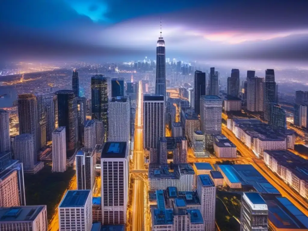 Esplendor nocturno: ciudad moderna iluminada y vibrante Vibrante ciudad nocturna con rascacielos iluminados y luces de autos, reflejando la interacción entre la política monetaria y créditos inmobiliarios