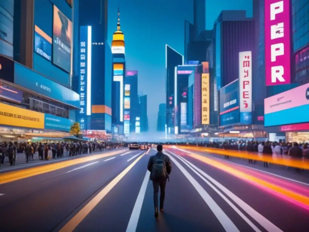 Metrópolis nocturna: distrito comercial moderno en 8k Vibrante ciudad nocturna con rascacielos iluminados y transitada intersección