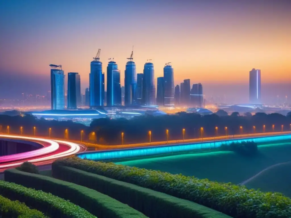 Metrópolis nocturna: innovación en gestión de residuos Vibrante ciudad nocturna con gestión residuos desarrollo urbano en armonía tecnología y naturaleza