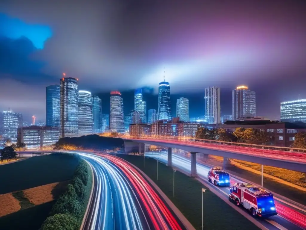 Metrópolis nocturna: luces vibrantes y emergencias urbanas Vibrante ciudad nocturna con servicios de emergencia en movimiento