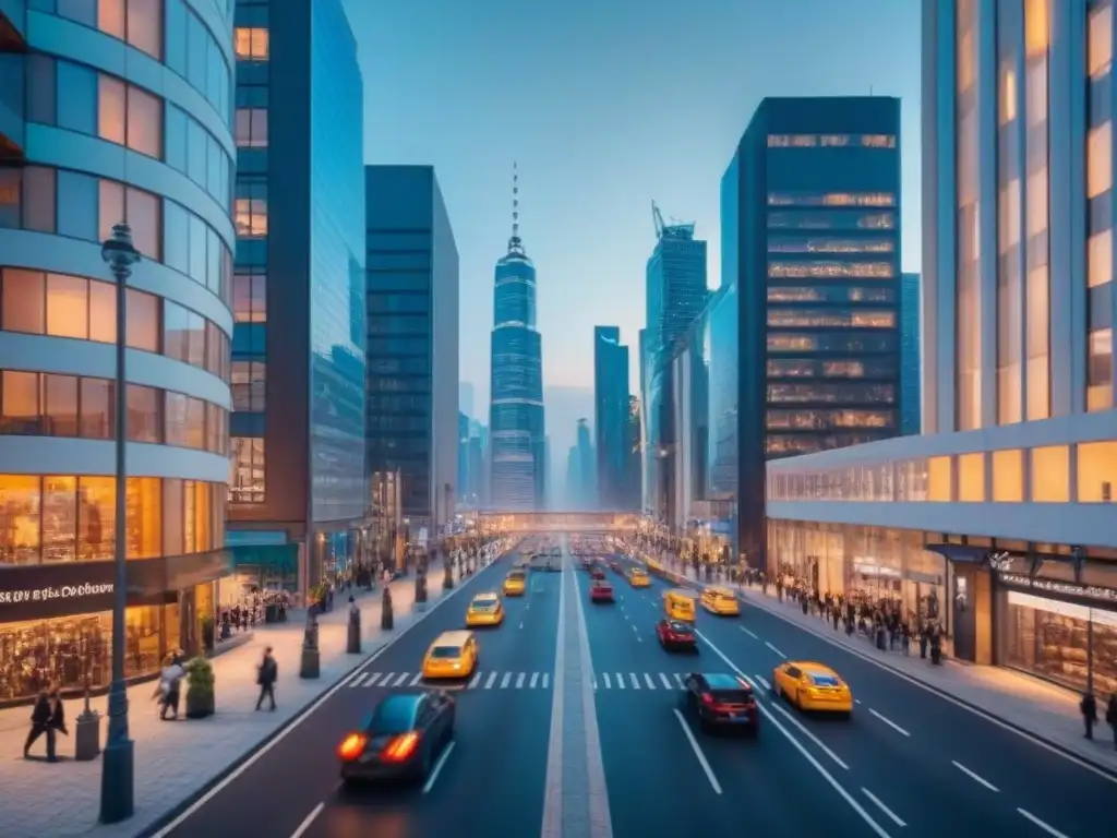 Profesionales colaborando en moderna ciudad al anochecer Vibrante ciudad al anochecer con profesionales diversos discutiendo, simbolizando colaboración en Seguros Multirriesgo Propiedades Comerciales