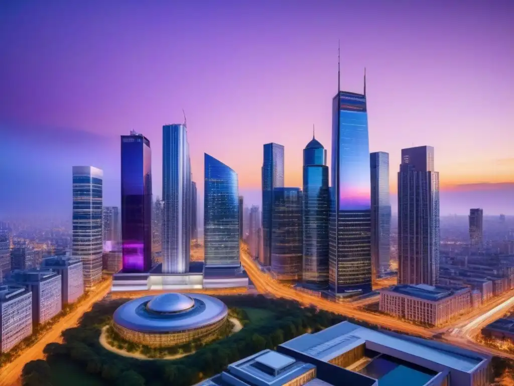 Innovación inmobiliaria: skyline urbano al anochecer Vibrante ciudad al anochecer con profesionales en discusiones frente a edificio de cristal