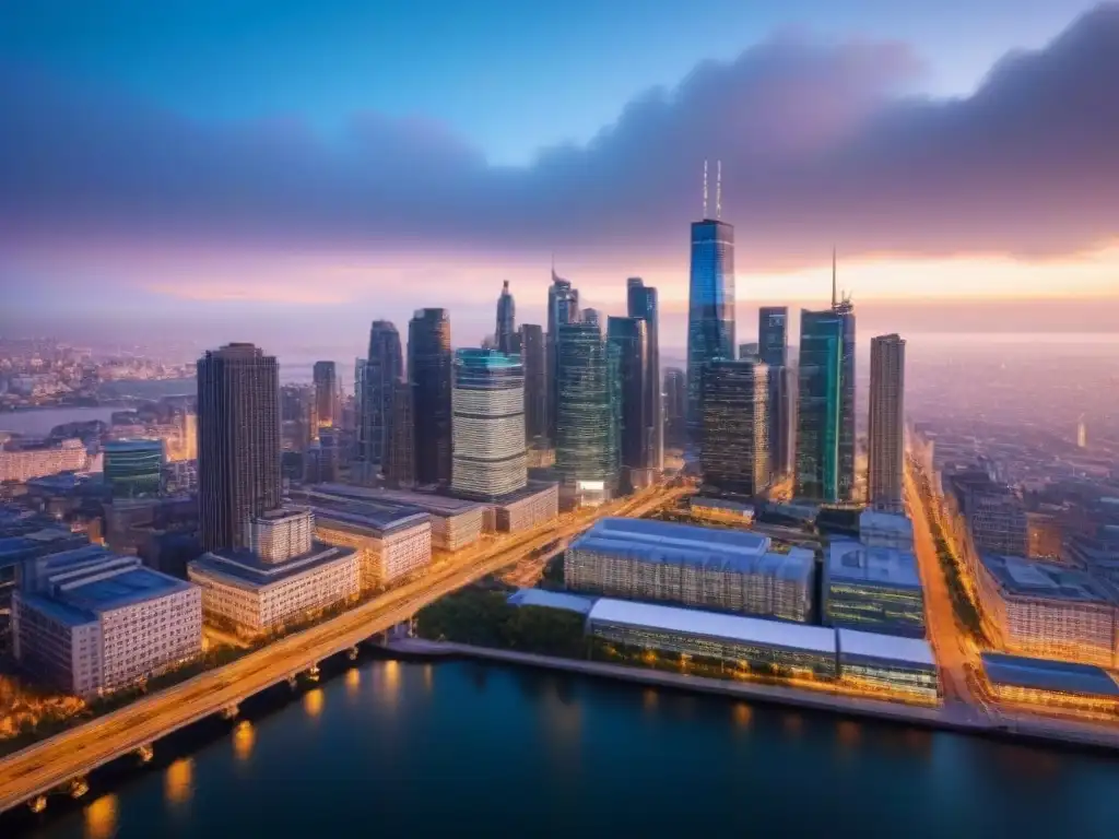 Skyline urbano al atardecer: éxito en inversión inmobiliaria 'Vibrante ciudad al anochecer con profesionales discutiendo estrategias de inversión propiedades comerciales casos