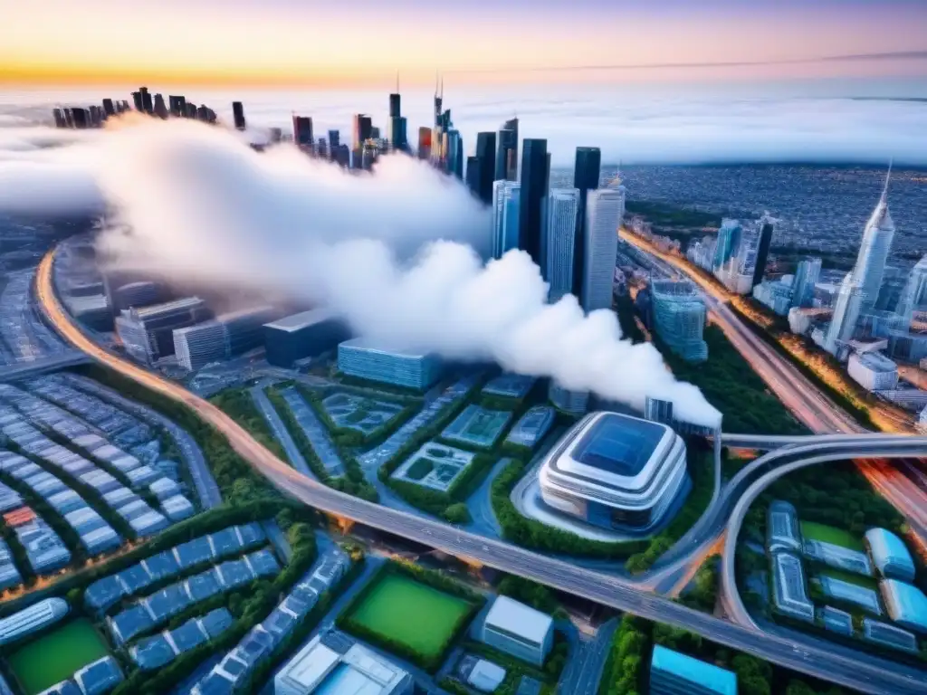 Vibrante ciudad moderna: inversión en desarrollo urbano Vibrante ciudad con rascacielos, áreas verdes y transporte público eficiente