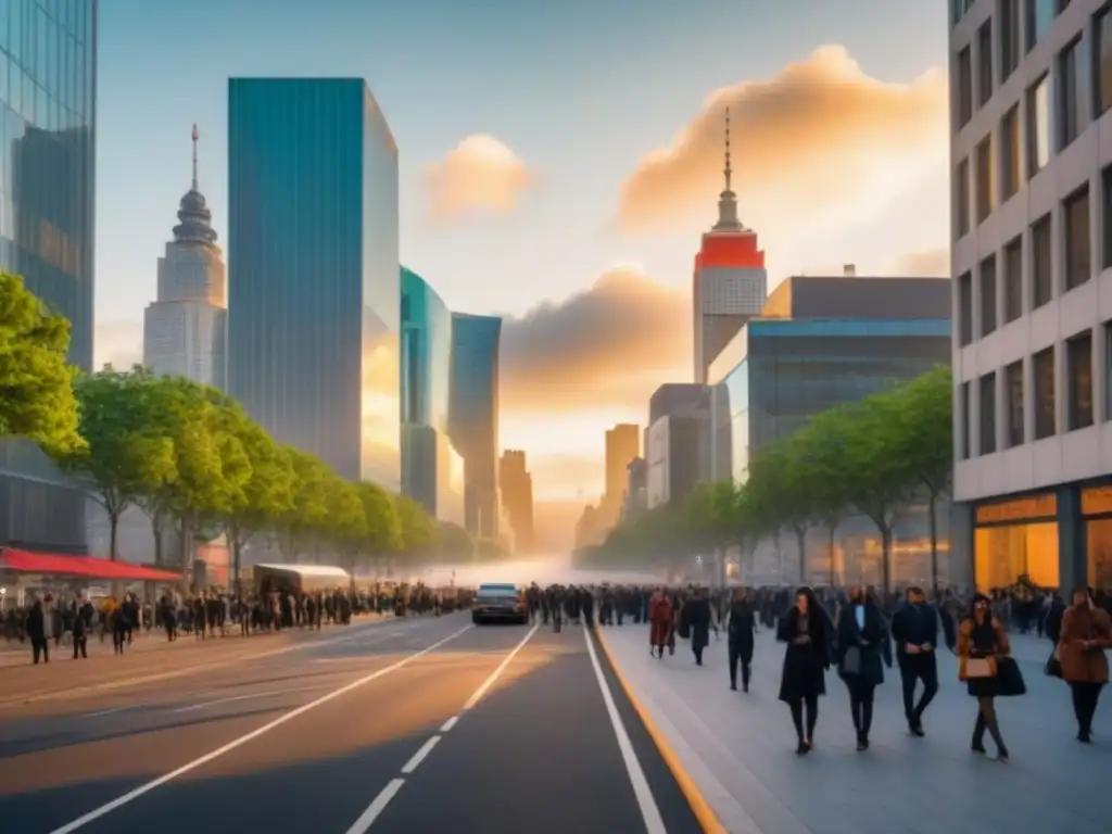 Horizonte urbano al atardecer: diversidad en la ciudad Vibrante ciudad con rascacielos al atardecer, gente diversa en calles bulliciosas