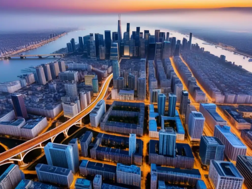 Metrópolis en Evolución: Sunset sobre Vibrante Mercado Inmobiliario Vibrante ciudad con rascacielos al atardecer, reflejando el dinamismo de las transacciones inmobiliarias y las regulaciones antilavado