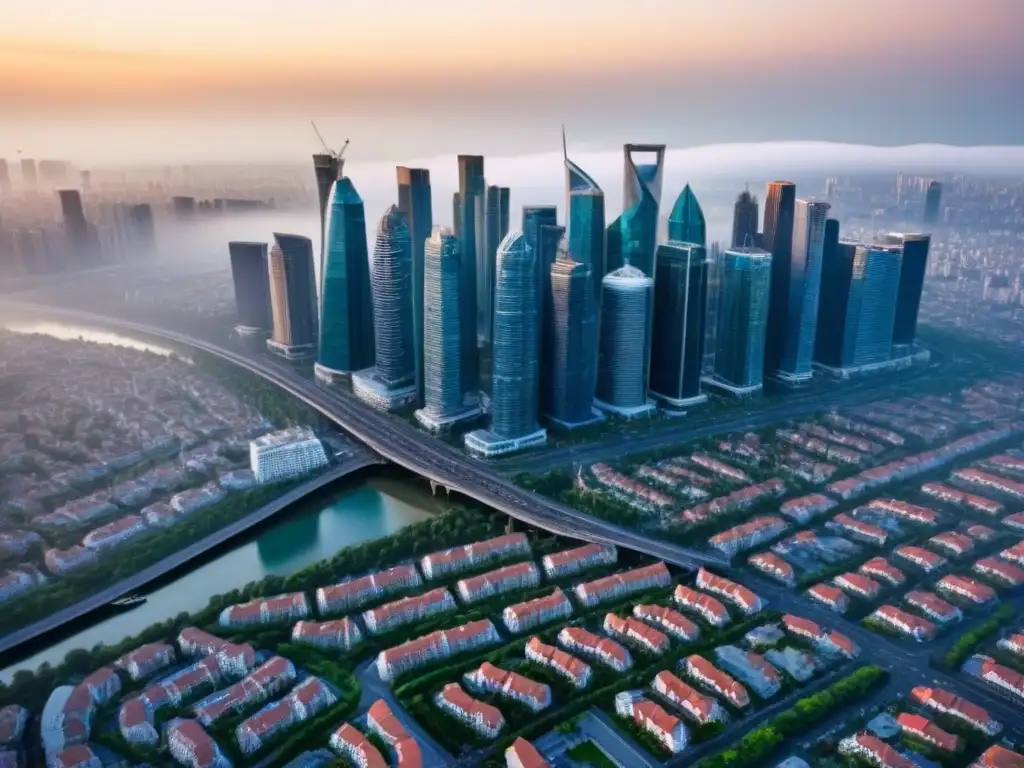 Vibrante paisaje urbano: impacto de la migración interna en el mercado inmobiliario Vibrante ciudad con rascacielos y calles bulliciosas, reflejo del crecimiento urbano por migración interna mercado inmobiliario