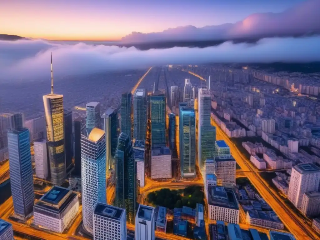 Espectacular vista aérea de ciudad moderna al atardecer Vibrante ciudad al anochecer con rascacielos, calles iluminadas y redes de autopistas
