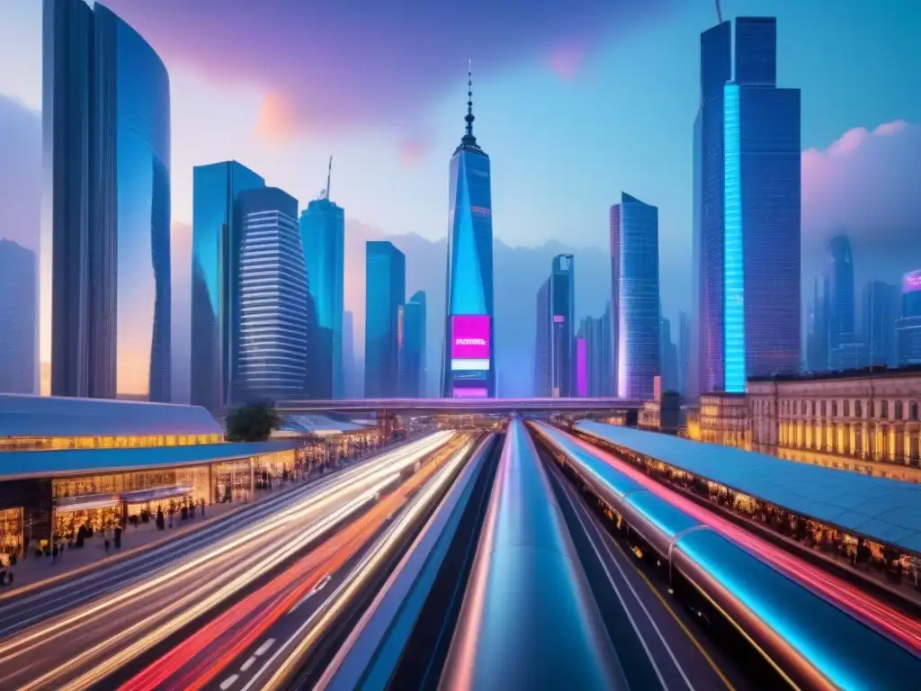 Metrópolis innovadora: skyline urbano vibrante en 8k Vibrante ciudad con rascacielos, calles llenas de gente y tráfico, destacando la importancia de ubicaciones para espacios comerciales multifuncionales