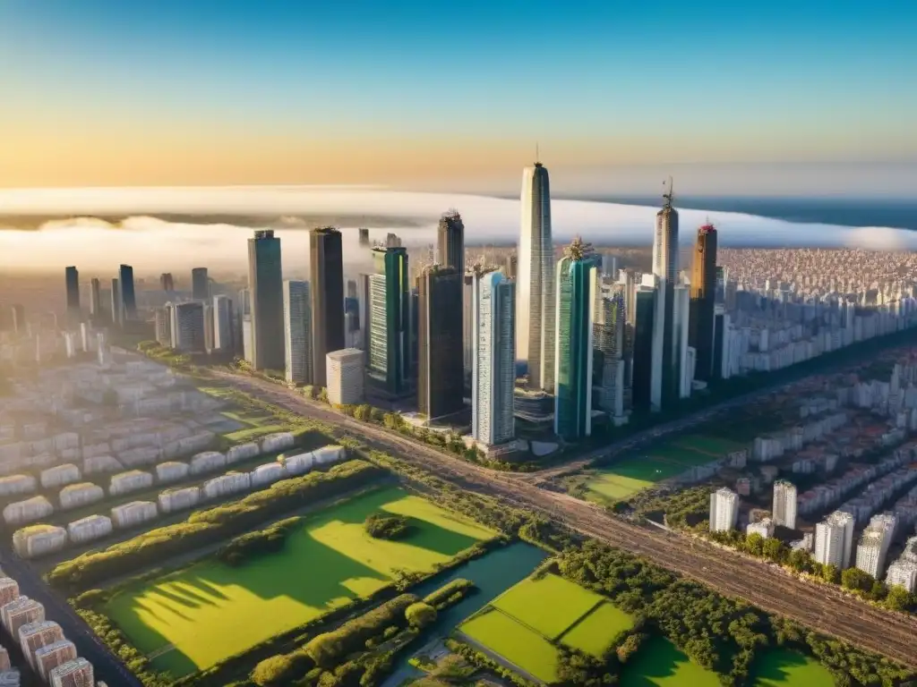 Metrópolis vibrante: paisaje urbano de Sudamérica en ultra alta resolución Vibrante ciudad en Sudamérica con rascacielos y espacios verdes, reflejando la inversión extranjera en el mercado inmobiliario