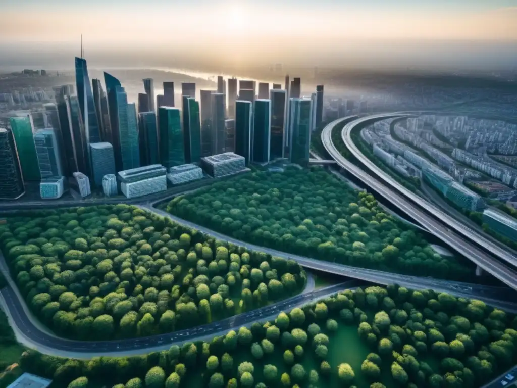 Vibrante metrópolis en 8k: crecimiento urbano y migración interna Vibrante ciudad con rascacielos y espacios verdes, reflejando migración interna y mercado inmobiliario