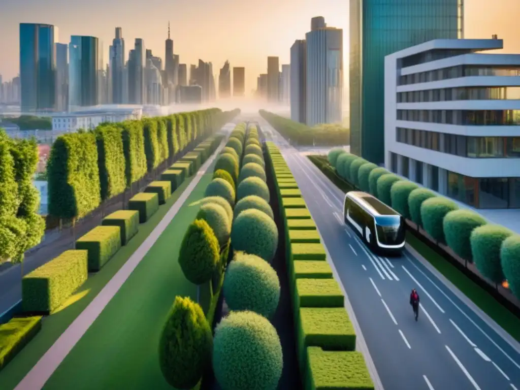 Metrópolis futurista: arquitectura sostenible y naturaleza en equilibrio al atardecer Vibrante ciudad con rascacielos y espacios verdes, reflejando la transformación urbana con diseño sostenible