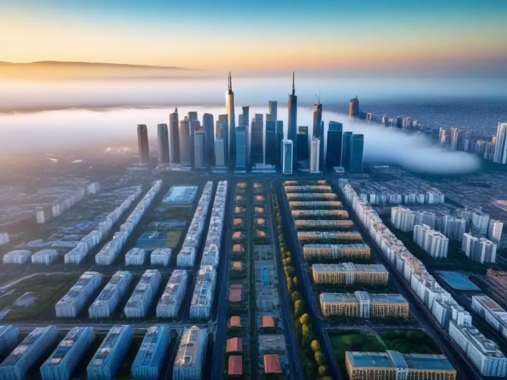 Metrópolis dinámica: arquitectura moderna y vida urbana en evolución Vibrante ciudad con rascacielos y estructuras residenciales, reflejo de tendencias en mercado inmobiliario familiar