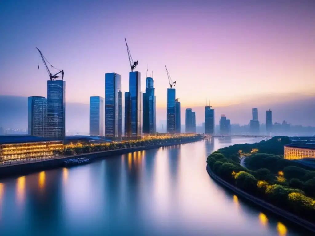 Metrópolis futurista: luces, ríos y gráficos financieros Vibrante ciudad al anochecer, con rascacielos futuristas iluminados y grúas, reflejándose en el río