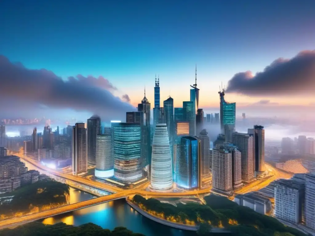 Skyline urbano con gráficos financieros: Hedging con derivados Vibrante ciudad con rascacielos y gráficos financieros, simbolizando la cobertura mercado inmobiliario con derivados