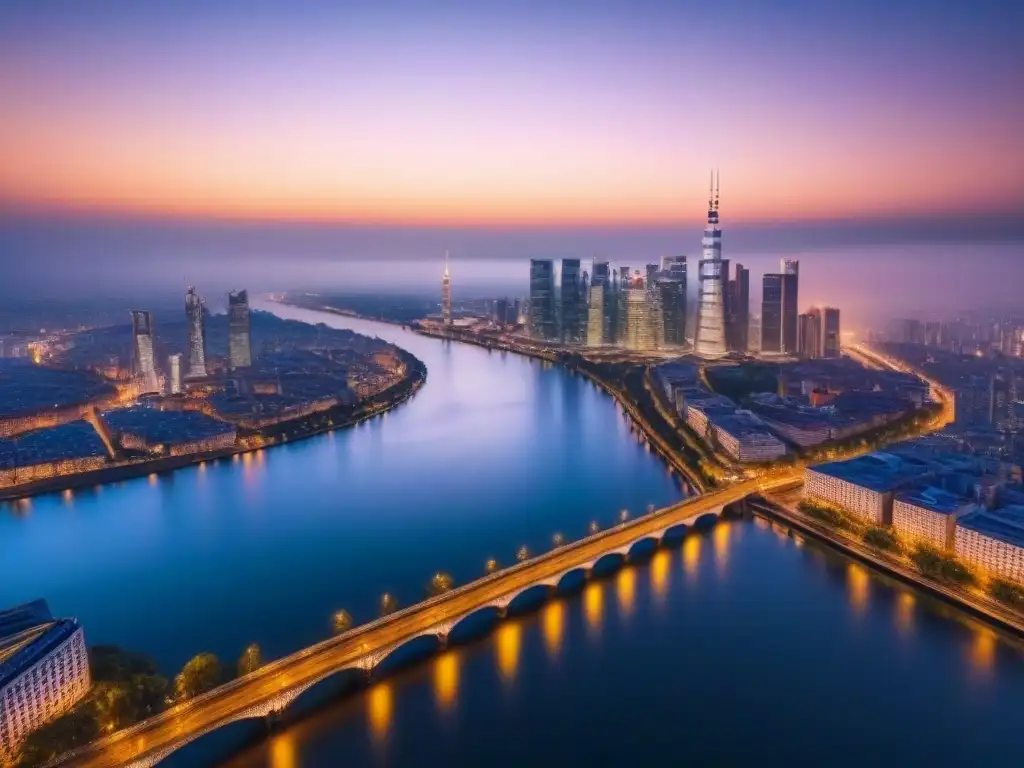 Vibrante ciudad nocturna: luces y río en 8k Vibrante ciudad al anochecer con rascacielos iluminados y río sereno, ideal para inversiones inmobiliarias en el extranjero