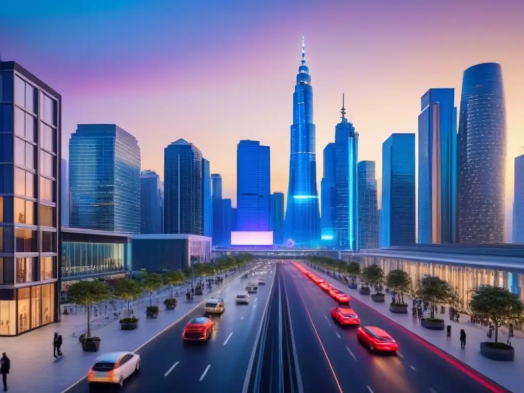 Horizonte urbano moderno: tecnología e innovación en acción Vibrante ciudad al anochecer con rascacielos iluminados y una calle llena de personas, bicicletas y autos autónomos