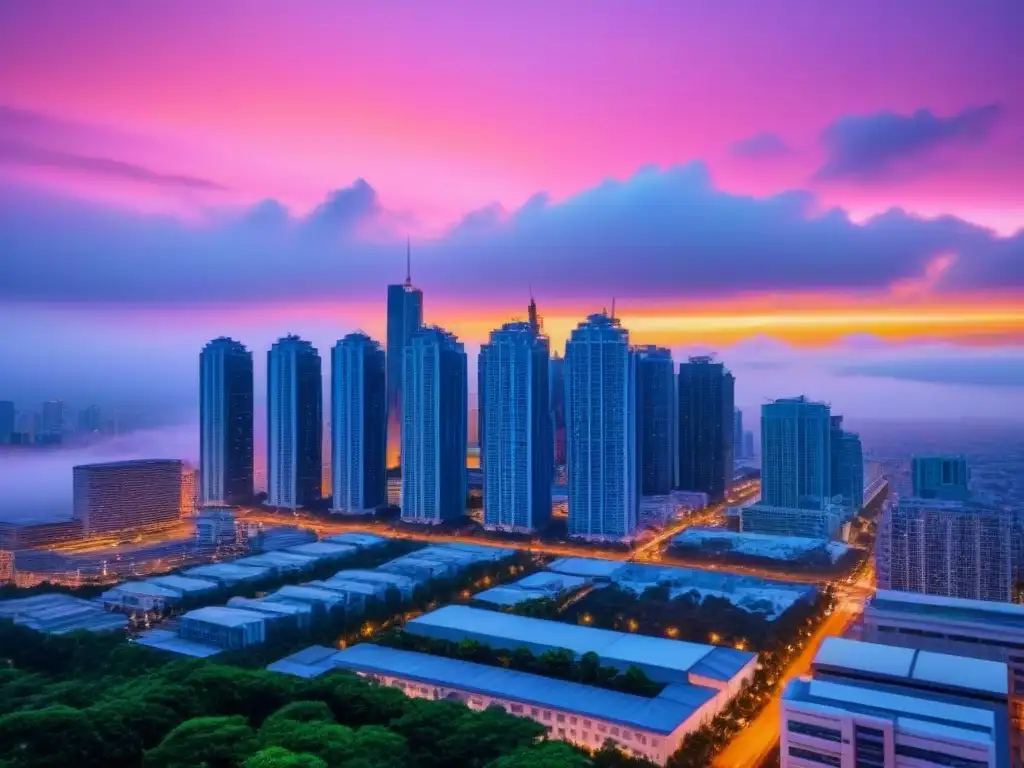 Inversión en REITs: Horizonte urbano al atardecer Vibrante ciudad al anochecer con rascacielos iluminados, representando el potencial de inversión en REITs de capital vs hipoteca