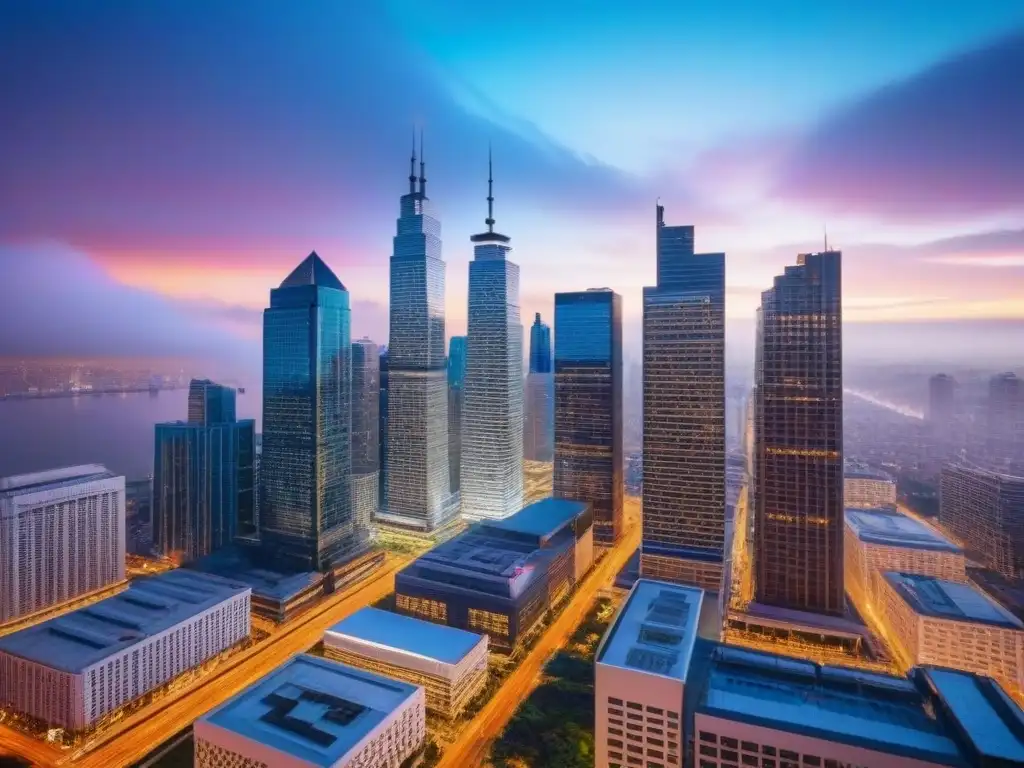 Oficina inmobiliaria moderna en ciudad iluminada al anochecer Vibrante ciudad al anochecer, con rascacielos iluminados y oficina inmobiliaria moderna