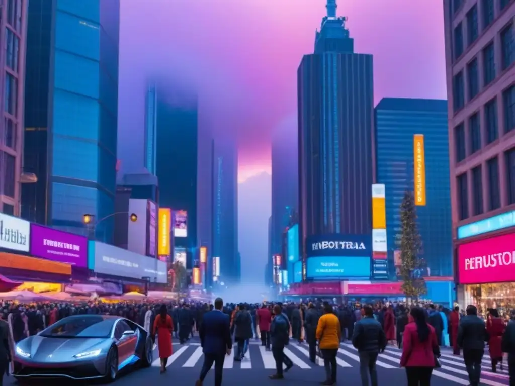 Metrópolis futurista: luces vibrantes y diversidad en movimiento Vibrante ciudad al anochecer con rascacielos iluminados y gente diversa, reflejo de la Importancia de Planes de Ordenación Urbana e Inversión