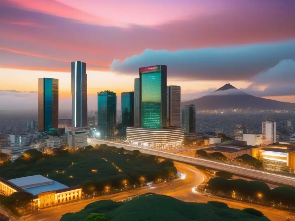 Skyline de la Ciudad de México: mercado inmobiliario en crecimiento Vibrante ciudad de México al anochecer con rascacielos iluminados y la Torre Latinoamericana, reflejando normativas legales mercado inmobiliario