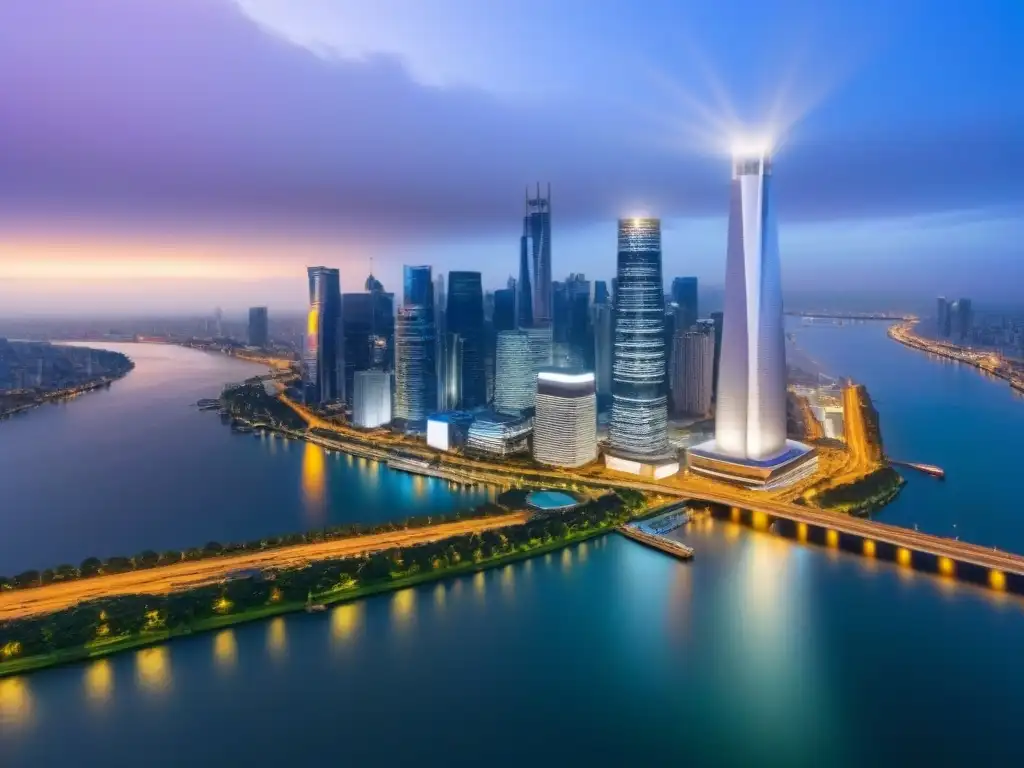 Horizonte urbano vibrante al atardecer: luces y modernidad en la ciudad Vibrante ciudad al anochecer con rascacielos iluminados y río sereno