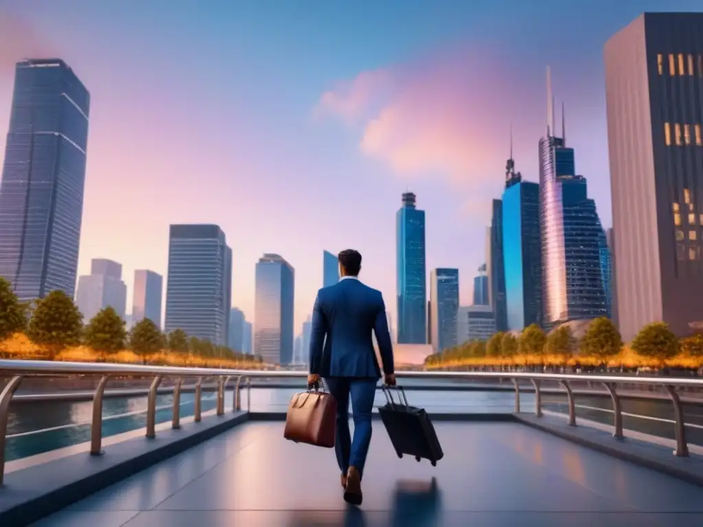 Horizonte urbano moderno al anochecer: inversión inmobiliaria Vibrante ciudad al anochecer, con rascacielos iluminados y gente de negocios