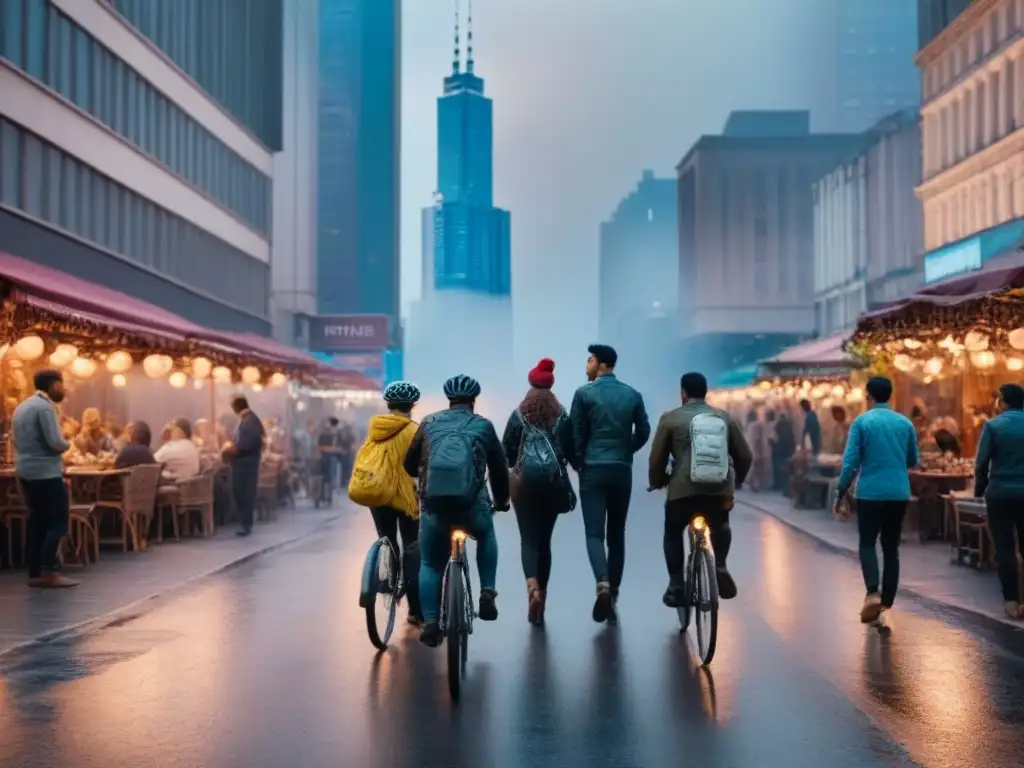 Vibrante ciudad al atardecer: luces, sombras y diversidad urbana Vibrante ciudad al anochecer con rascacielos iluminados y personas diversas, reflejo del desarrollo urbano y desigualdad social