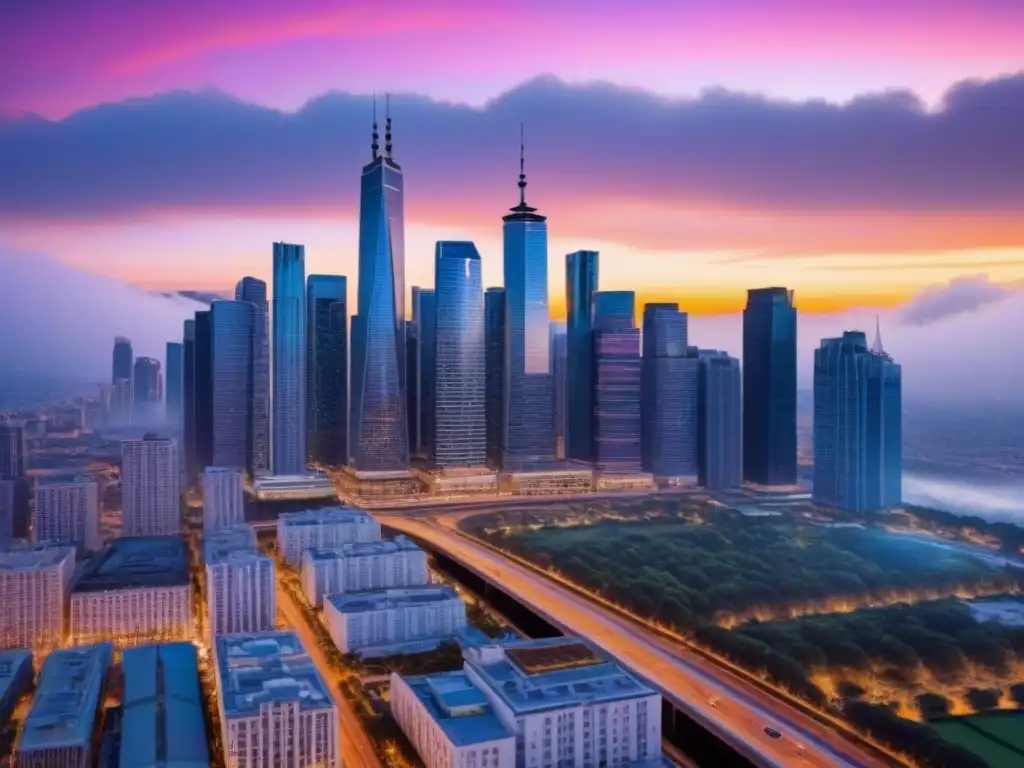 Metrópolis moderna al atardecer: inversión inmobiliaria avanzada Vibrante ciudad al anochecer con rascacielos iluminados y calles llenas de vida, ideal para estrategias de inversión inmobiliaria avanzadas