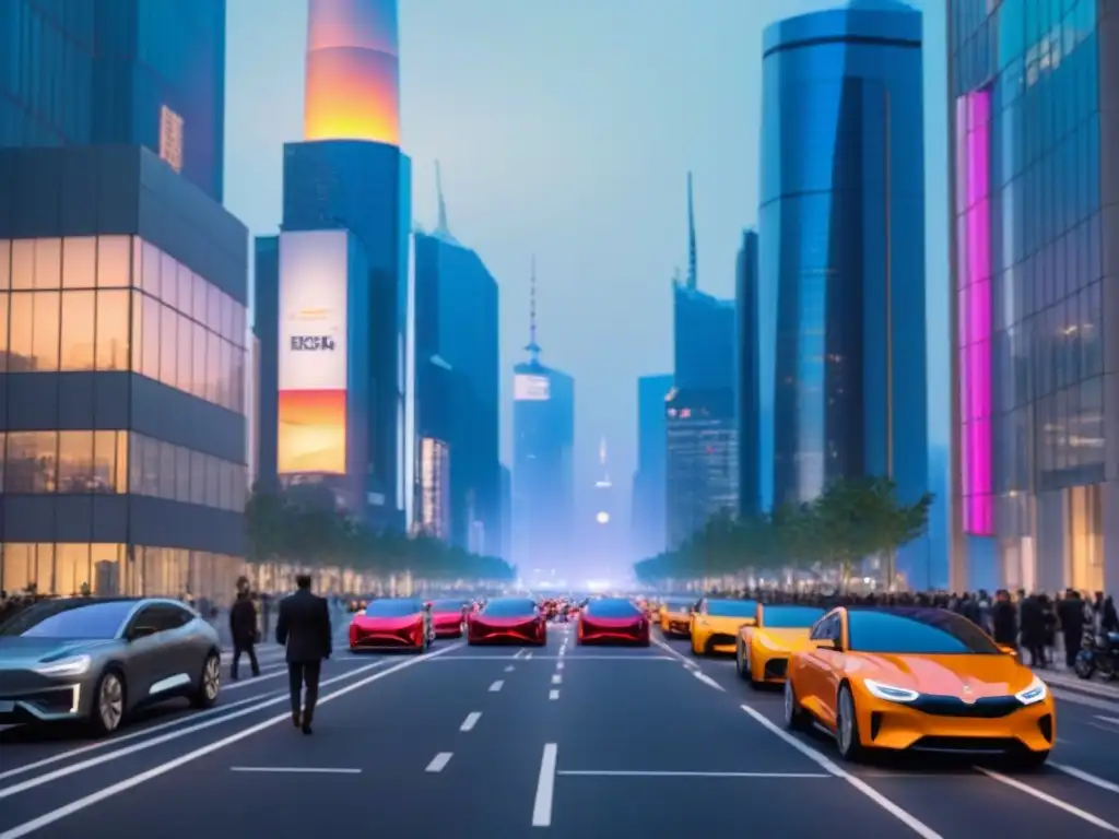 Metrópolis futurista: ajetreo urbano y oportunidades de inversión Vibrante ciudad al anochecer con rascacielos iluminados y profesionales debatiendo