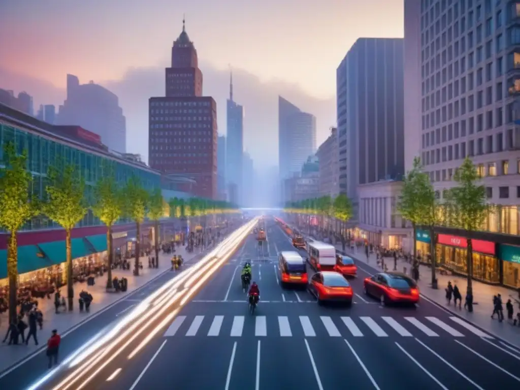 Cityscape sostenible: luces, personas y actividades al atardecer Vibrante ciudad al anochecer, con rascacielos iluminados y calles peatonales verdes