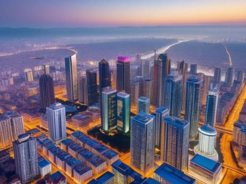 Horizonte urbano: luces y sombras en la ciudad moderna Vibrante ciudad al anochecer, con rascacielos iluminados