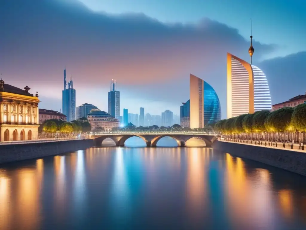 Resplandeciente skyline urbano al atardecer: evolución postpandemia Vibrante ciudad al anochecer con rascacielos iluminados y un río sereno
