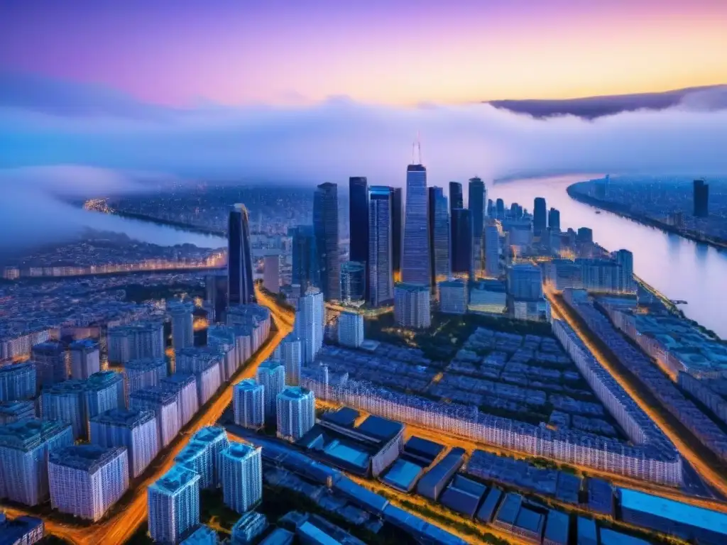 Horizonte urbano de noche: luces vibrantes en modernos rascacielos Vibrante ciudad al anochecer con rascacielos iluminados y río tranquilo, reflejo de un próspero mercado inmobiliario