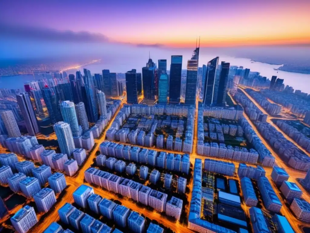 Metrópolis nocturna: real estate global en ascenso Vibrante ciudad al anochecer con rascacielos y luces, reflejando normativas internacionales mercado inmobiliario