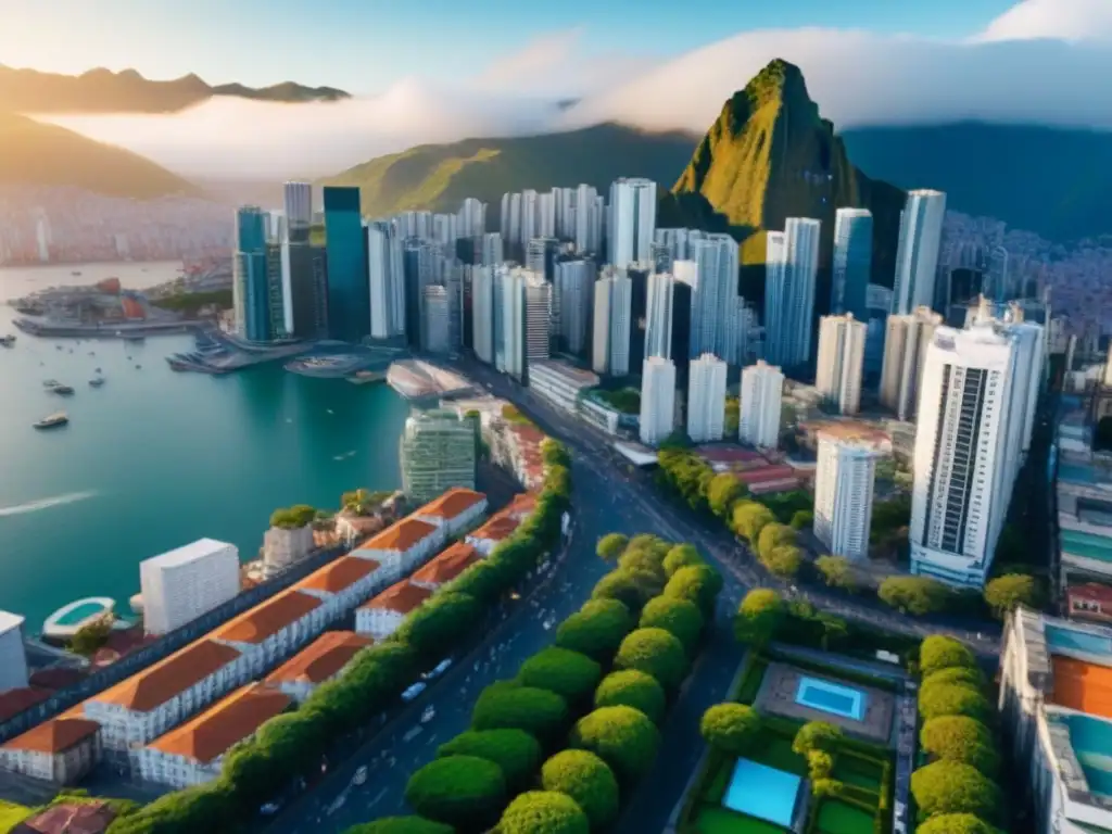 Panorámica vibrante de ciudad en Sudamérica: mercado inmobiliario dinámico Vibrante ciudad en Sudamérica: rascacielos modernos y edificios históricos entre verdor