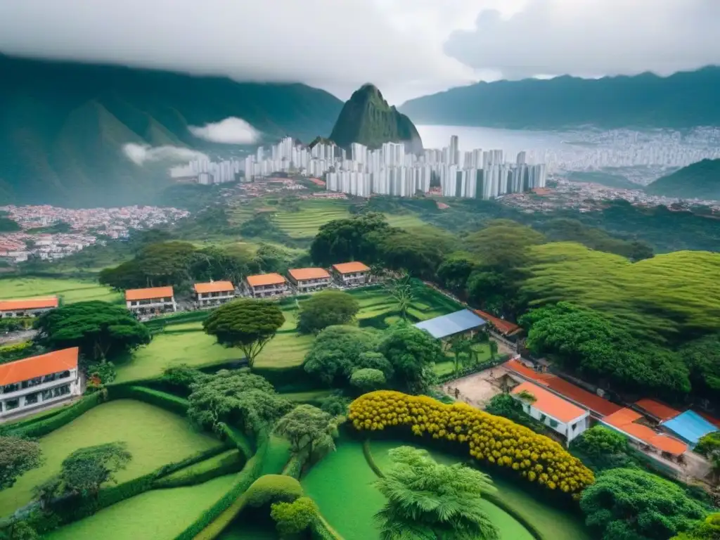 Cityscape vibrante: arquitectura y energía en América del Sur Vibrante ciudad en Sudamérica: rascacielos modernos y edificios históricos entre vegetación exuberante
