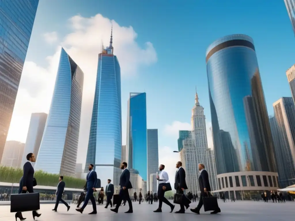 Metrópolis dinámica: vibrante skyline y bulliciosa vida urbana Vibrante ciudad con rascacielos modernos y profesionales de negocios, reflejando un próspero mercado inmobiliario