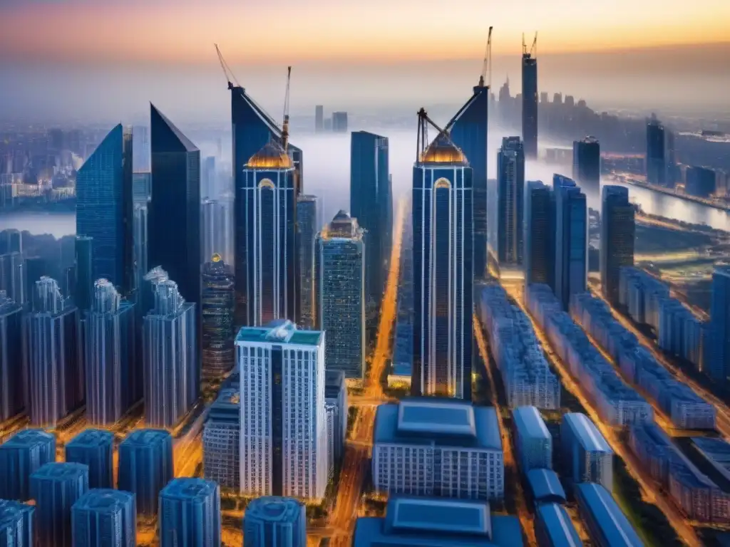 Contraste urbano: crecimiento vs Vibrante ciudad con rascacielos modernos y construcciones tradicionales, simbolizando la adaptación a restricciones uso suelo mercado inmobiliario