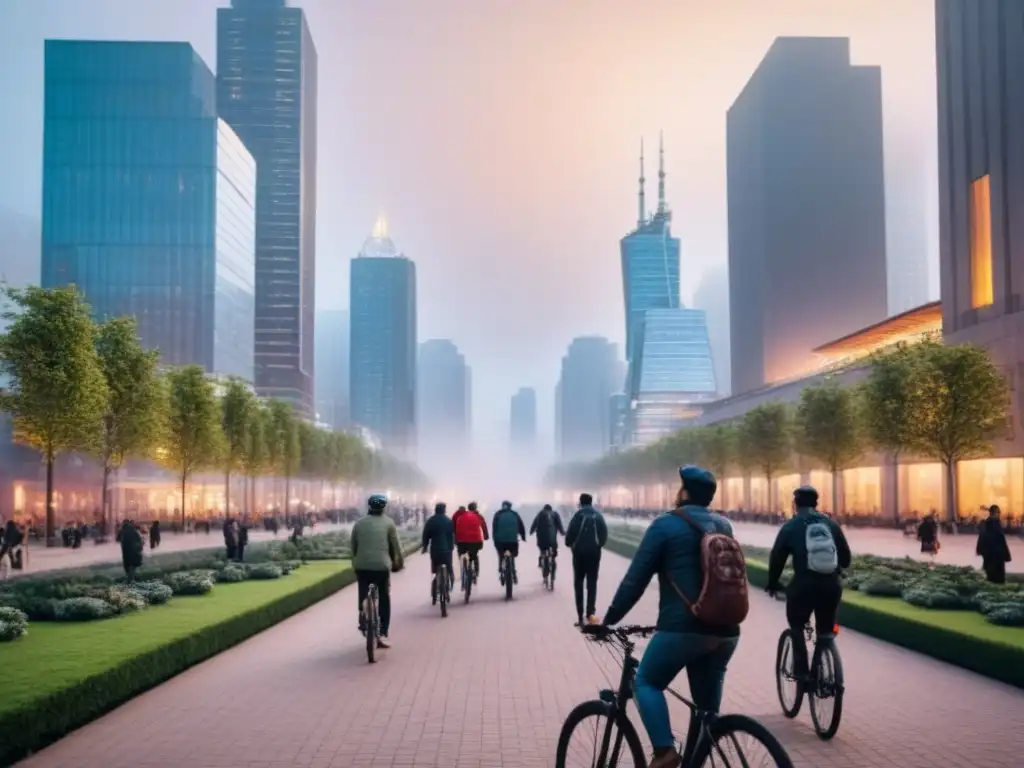 Armonía urbana: modernidad y comunidad en un atardecer vibrante Vibrante ciudad al anochecer, con rascacielos modernos y residentes disfrutando de actividades en un parque