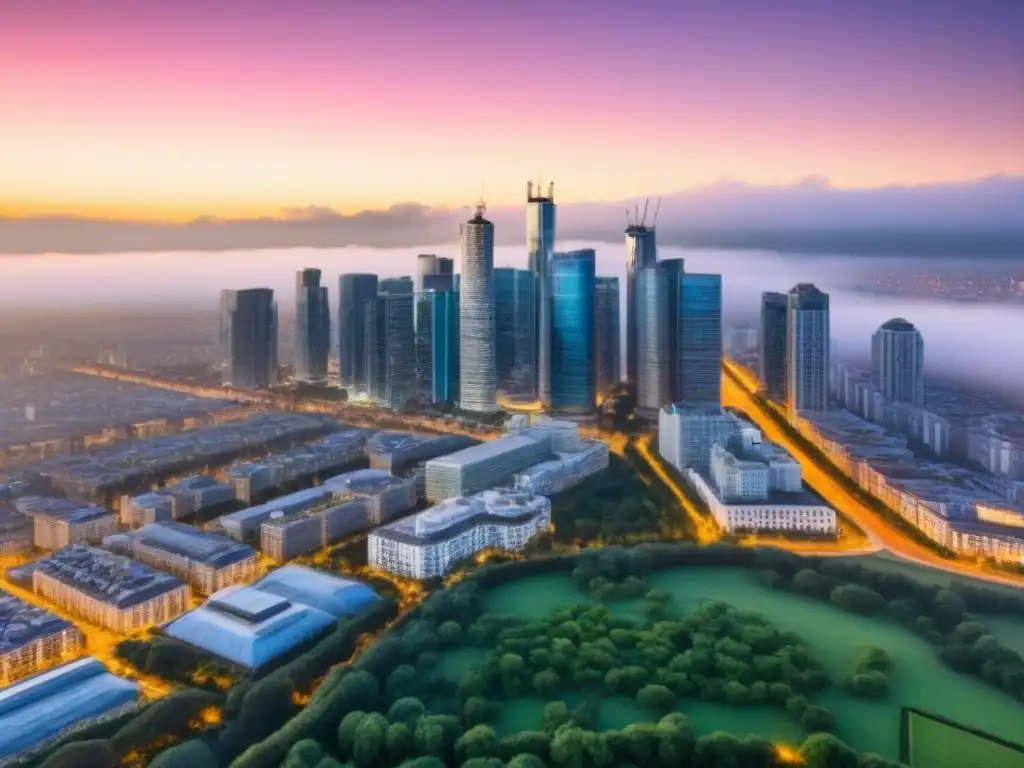 Ciudad sostenible: arquitectura moderna y verde al anochecer Vibrante ciudad al anochecer con rascacielos modernos e iluminación eficiente, integrando espacios verdes