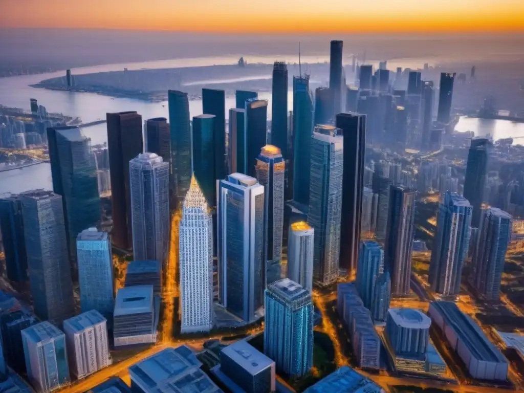 Horizonte urbano al atardecer: innovación en real estate Vibrante ciudad con rascacielos y modernos edificios al atardecer