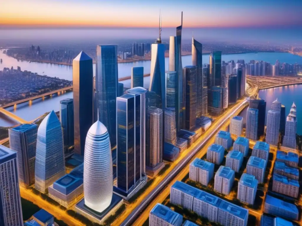 Metrópolis financiera: arquitectura moderna y finanzas globales Vibrante ciudad con rascacielos modernos y distrito financiero