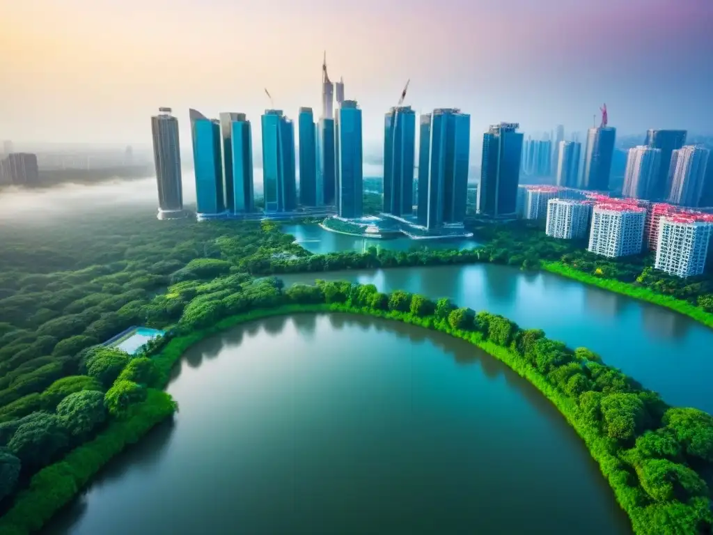 Metrópolis próspera: oportunidades de crecimiento inmobiliario Vibrante ciudad con rascacielos modernos, parques verdes y agua reflejando luz, ideal para análisis portafolio inmobiliario oportunidades crecimiento