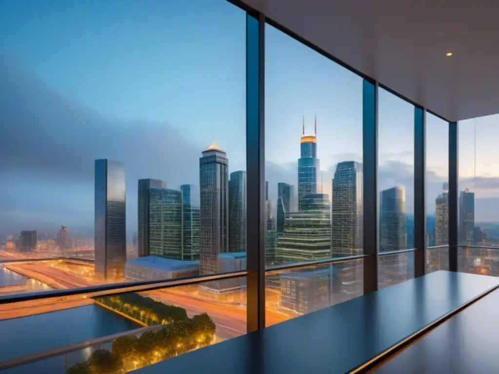 Metrópolis vibrante: skyline de rascacielos modernos y actividad urbana Vibrante ciudad con rascacielos modernos y actividad comercial, reflejando oportunidades inversión mercado propiedades comerciales