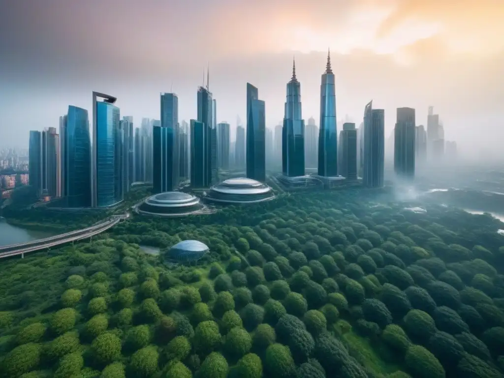 Metrópolis sostenible: fusión de modernidad y naturaleza en 8k Vibrante ciudad con rascacielos y parques verdes, fusionando armoniosamente progreso y sostenibilidad urbana