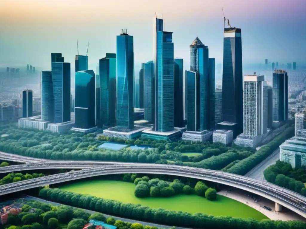Esplendor urbano: metrópoli vibrante y moderna Vibrante ciudad con rascacielos, parques verdes y gente