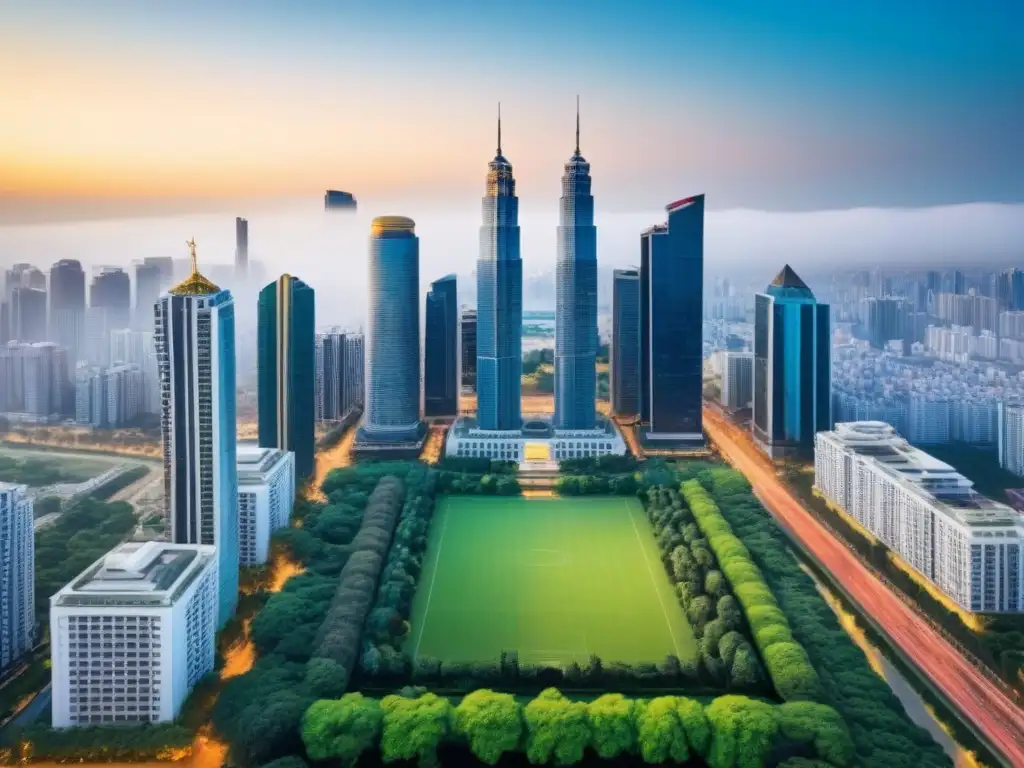 Metrópolis dinámica: Real Estate en la ciudad moderna Vibrante ciudad con rascacielos y parques, simbolizando la gestión de riesgos en el mercado inmobiliario