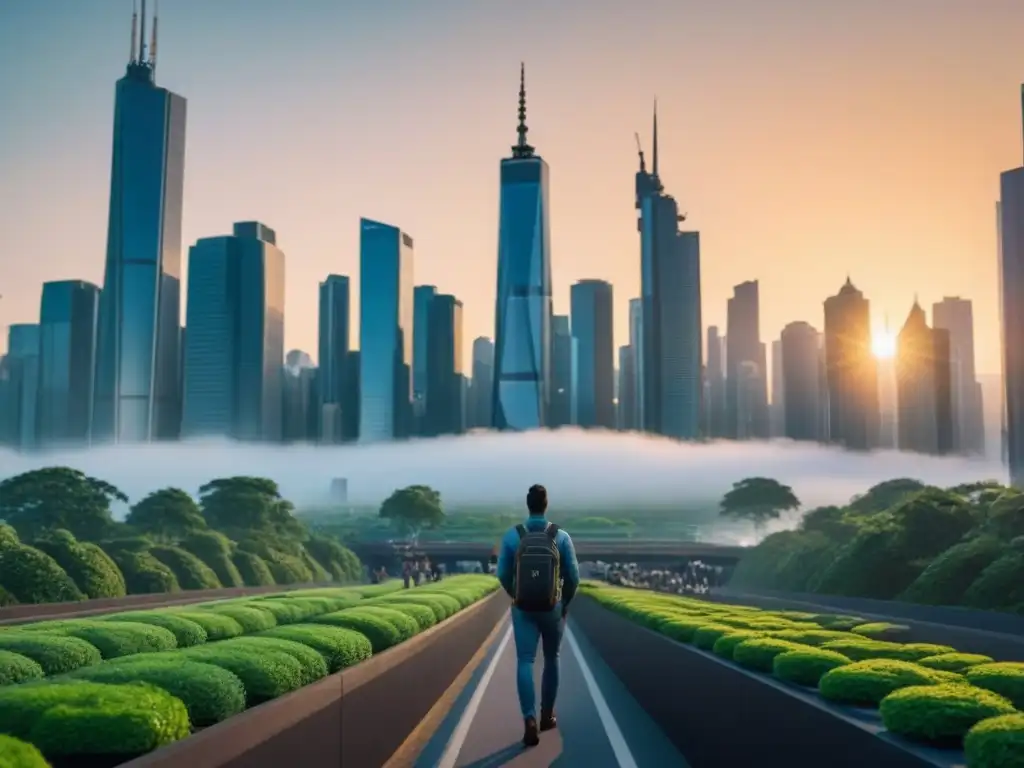 Metrópolis futurista: skyline moderno y biodiversidad urbana Vibrante ciudad con rascacielos, parques verdes y sistemas de transporte futuristas, impacto de la política monetaria en inversiones inmobiliarias